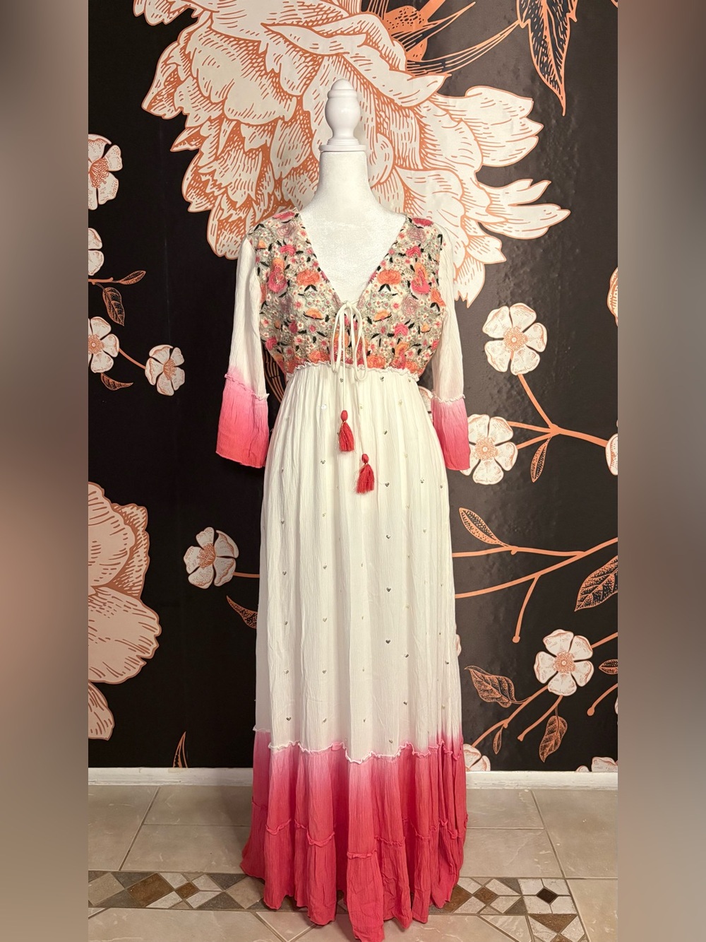 NWT Enchanting Ivory and Pink Floral Embroidered Maxi Dress with Soft Ombre Hem - Picture 3 of 9
